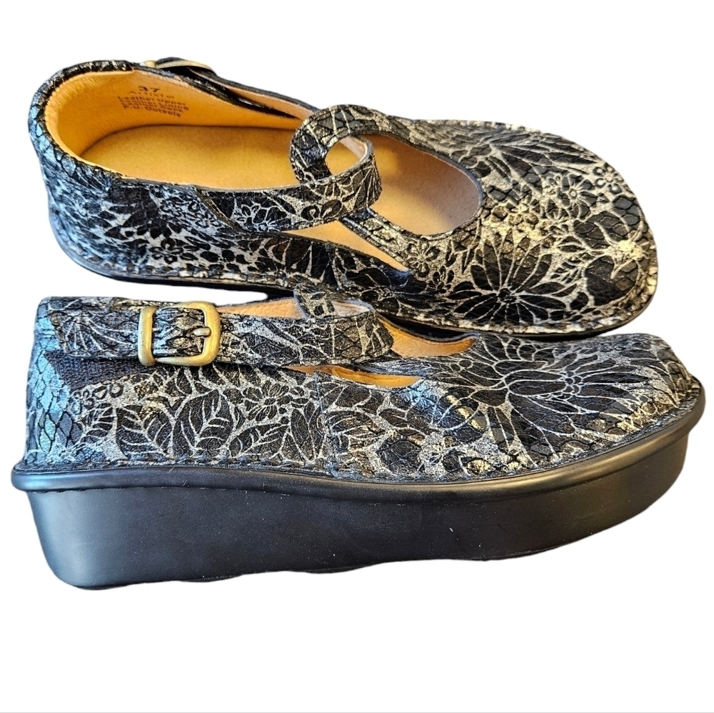 Spring Step Artiste Leather Comfort Shoe Mule Clog Black Floral Womens
